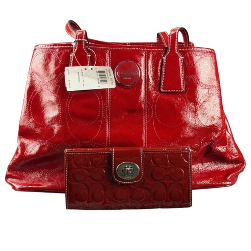 NWT Coach F15658 Y2K Cranberry Red Patent Leather Tote Bag + Matching Wallet Set
